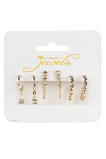 ANTBRO Set Earrings Language of Jewels, Gold, 3 Pairs, Rhinestones and Twisted Design