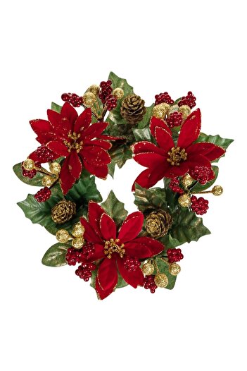 SHOPIENS Christmas Decorative Ring - Red Velvet Flowers, Cones & Golden Berries, 19 cm