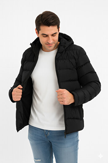 blayn jeans Erkek siyah içi polar Kapüşonlu Şişme günlük ve spor Mont | Kışlık, Rahat ve Suya Dayanıklı