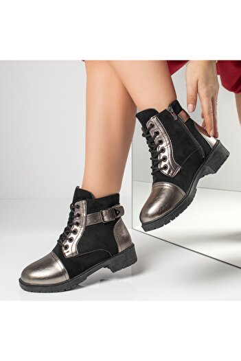 BMoD Black suede women's ankle boots with zipper, buckle, and silver details MOD10854