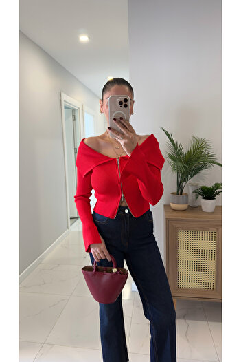 BİRCANÇİL Dlvin Dos Red Cardigan with Slit Detail and Zipper
