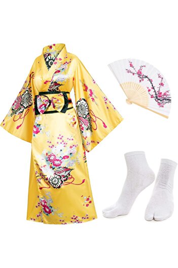 Generic Japanese Anime Women's Kimono Robe Geisha Yukata Sweet Dress Blossom Satin Bathrobe Sleepwear Fans T