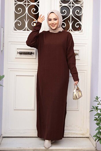 N.S NEVA STYLE Brown Knitwear Hijab Dress 27504Kh