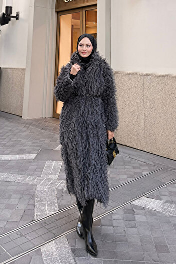 LOCCO Women's Furry Plush Coat Anthracite