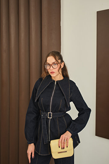 LOCCO Women's Stitching Detail Denim Suit Navy Blue
