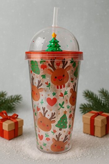 HediyeFilesi New Year 2026 & Christmas Deer Themed Straw Water Bottle 450 ml Double Layer Mica Water Bottle 2768-C