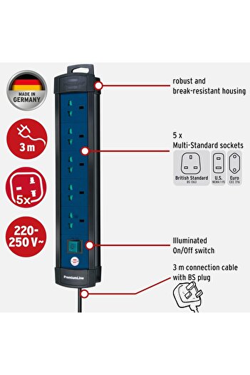 Brennenstuhl كابل تمديد Premium-Line متعدد المعايير، 5 اتجاهات مع كابل تمديد بطول 3 أمتار