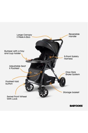 Babydoes MALTOZ - Baby Stroller, 5-Point Harness, Reversible Handle, 0-4 Years (Up to 20 kg) - Black