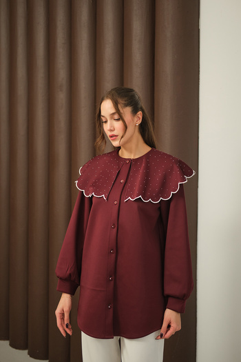 LOCCO Women's Tunic with Stone Collar Burgundy