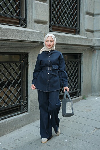 LOCCO Women's Snap Detail Denim Suit Navy Blue