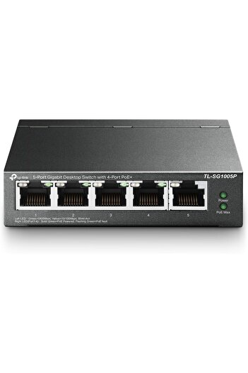 TP-LINK TL-SG1005P، مفتاح جيجابت PoE بخمسة منافذ، 4 منافذ PoE+ بقوة 65 وات، سطح مكتب، توصيل وتشغيل، معدن متين