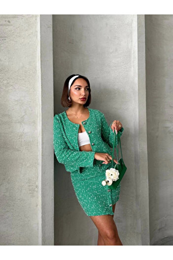 Işıltı kidss Jacket and skirt set chl fabric green h24443