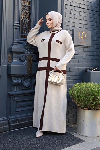 N.S NEVA STYLE Beige Knitwear Hijab Dress 27503Bej
