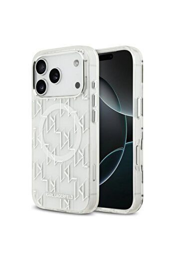 Karl Lagerfeld Case for iPhone 17 Pro Max, IML Glitter K&C Heads Logo MagSafe, Clear Mono Karl&Choupette