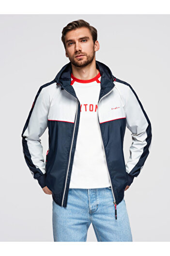 OMBRE Contrast Men's Windbreaker Jacket with Hood - Navy-White V1 OM-JANP-0228