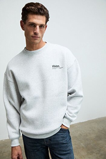 GRIMELANGE Ernest Men's Organic Cotton Soft Print Detailed Crew Neck Fleece Lined Grimelange Sweatshirt