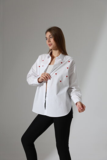 Corradeo Giyim Plus Size-Oversize Striped Poplin Fabric Heart Embroidery Detailed Epaulet Design Shirt