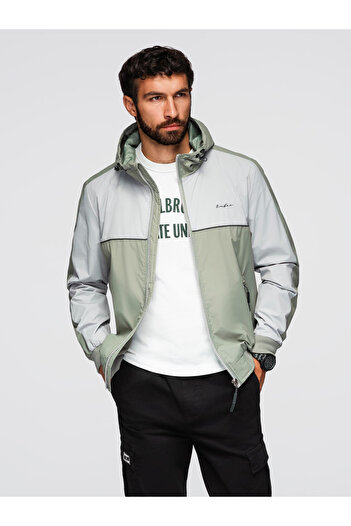 OMBRE Men's Contrast Windbreaker with Hood - Olive-Gray V3 OM-JANP-0228