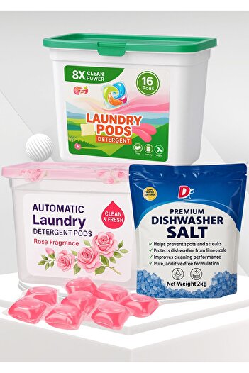 TSUMAB Set of 3 – Laundry Pods, Rose Laundry Detergent Pods & Premium Dishwasher Salt