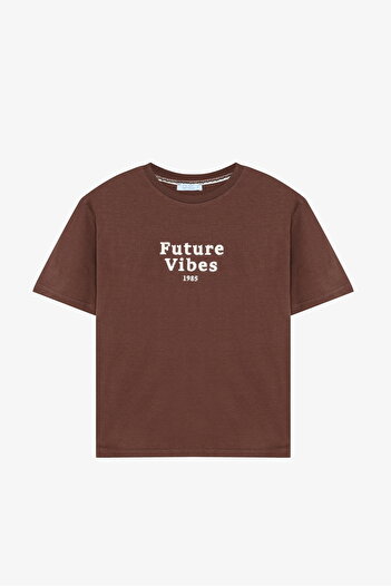 Quzu Future Vibes Κεντημένο μπλουζάκι καφέ
