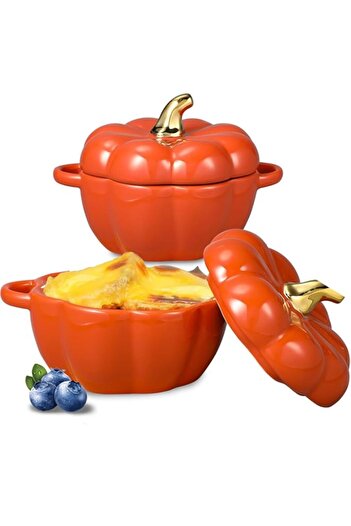 Generic SPNOR Pumpkin Bowl Set with Lid and Handle, Soup Bowls 450ml Ceramic Ramekins for Baking, Casserole