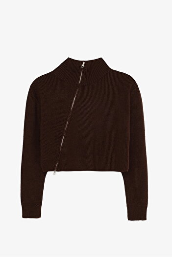 Quzu Asymmetrical Zippered Knitwear Sweater Brown