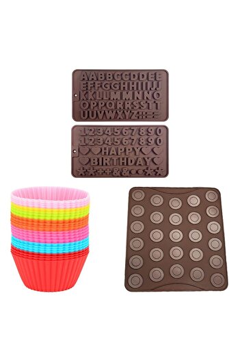 Quasar & Co. Confectionery/pastry set, 27 macaron sheets, 24 muffin tins, 2 decorating tins, silicone, brown-yellow
