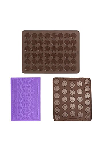 Quasar & Co. Confectionery/pastry set, sheet 27 macarons, sheet 48 macarons, decoration mold, silicone, brown-purple