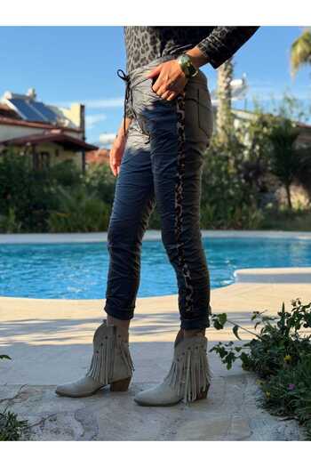 Punta Otantik Nc21970 Italian Side Leopard Detail Studded Leather Pants Smoked