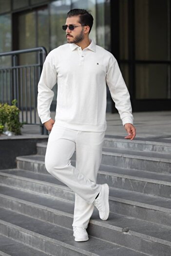 BİRBEYSTORE Men's Top and Bottom Set Polo Neck Thessaloniki Fabric Comfortable Fit Elastic Waist Bottom Cotton