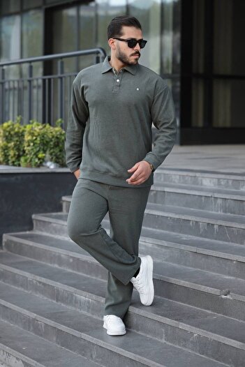 BİRBEYSTORE Men's Top and Bottom Set Polo Neck Thessaloniki Fabric Comfortable Fit Elastic Waist Bottom Cotton