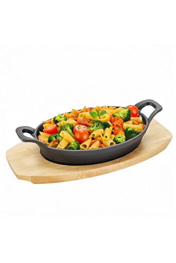 Generic Angju Cast Iron Fajita Skillet Set, 24cm x 17cm Sizzling Plate with Wooden Base, Small Oval Cassero