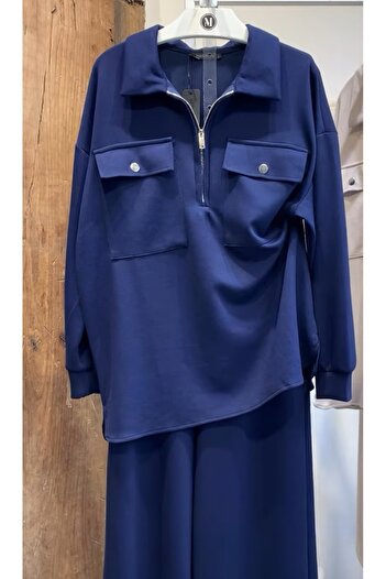 ESNOA Women's Double Pocket Zippered Shirt with Collar and Loose-Leg Pants Double Set
