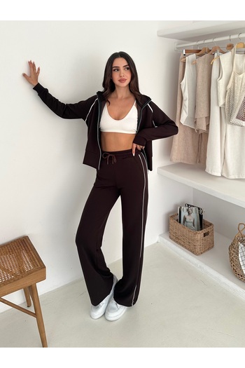 fiolin Modal Fabric Beige Striped Tracksuit Set