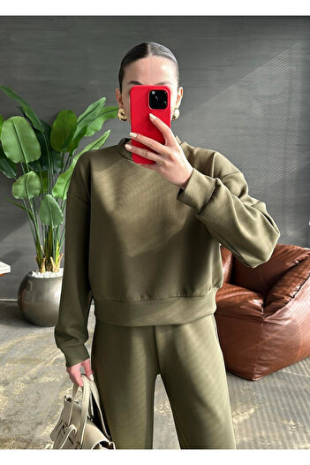 My Blog Khaki Sweat Wide Leg Pants Set-98618