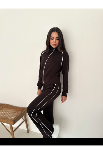 fiolin Modal Fabric Beige Striped Tracksuit Set