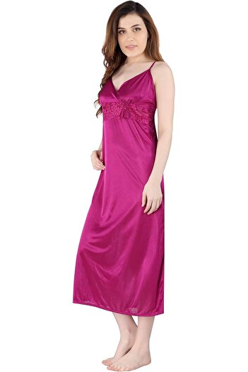 Generic Romaisa Women's Satin Solid Maxi Length Nighty with Robe (Size - Free Size) (Nightwear Set Pack of 2