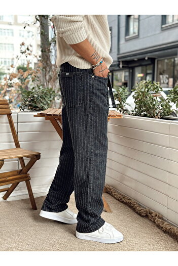 manch collection Beli İpli Kabartma Şeritli Regular Kot Pantolon Siyah