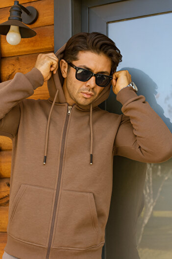 FRANCO RENZO Hooded Full-Zip 3 Thread Ribbed Cotton Sweatshirt