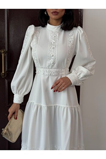 suphias Lace Detailed Belted Atlas Fabric Dress