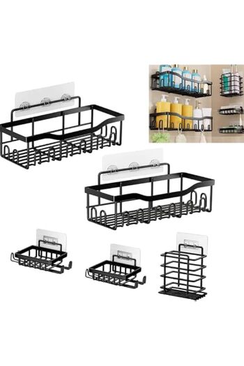 Generic 5Pcs Wall-Mounted Bathroom Rack Set | Self Adhesive, No Drilling | Carbon Steel Shower Shelves | Bl