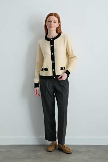 Gusto Velvet Textured Garnished Knitwear Cardigan - Ecru