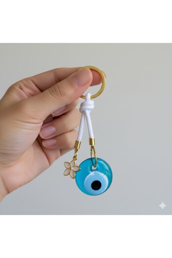 Mixperi White String Keychain with Orange Nazar Beads and Lotus Flowers