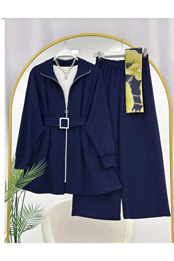 MODA VEDAT Belted Zippered Oy.Sho Fabric Jacket Pants Casual Double Set