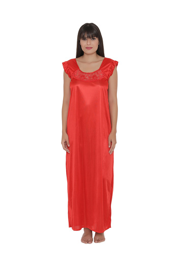 iza Satin Night Dress with Lace Neckline