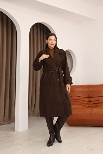 Stil Sepeti Women's Brown Buttoned Lined Double Pocket Belted Cashmere Coat Drl-10001172