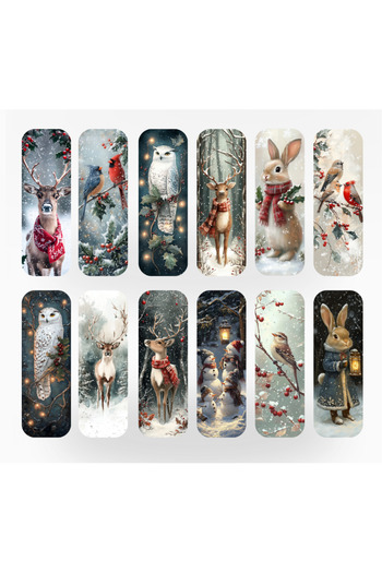 OBRO Set of 12 OBRO® Winter & Christmas Bookmarks – The Gentle Forest, Vintage Illustrations, Premium