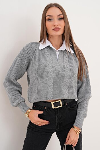 ŞİMAL Women's Shirt Collar Detailed Thessaloniki Knitted Sweater 255153 -