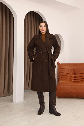 Stil Sepeti Women's Brown Buttoned Lined Double Pocket Belted Cashmere Coat Drl-10001172