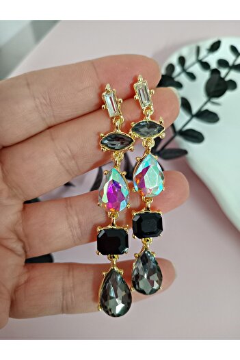 mos&more Black Anthracite Detailed Crystal Stone Dangle Earrings